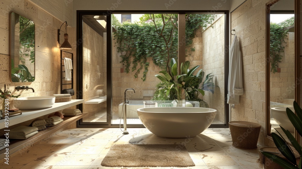 A serene bathroom with a neutral color palette, a freestanding tub, and a large window with a view of a private courtyard A serene bathroom with a neutral color palette, a freestanding tub, and a large window with a view of a private courtyard
