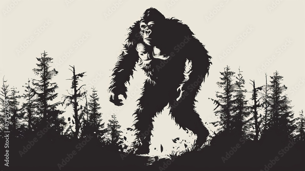 Fototapeta premium This striking black and white illustration shows a colossal Bigfoot emerging from the woods, evoking a sense of looming dread and mystery as it steps forward.