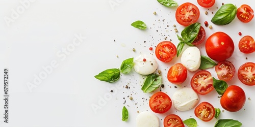 Fresh Tomato and Mozzarella Salad with Basil on Minimal White Background for Design Elements.