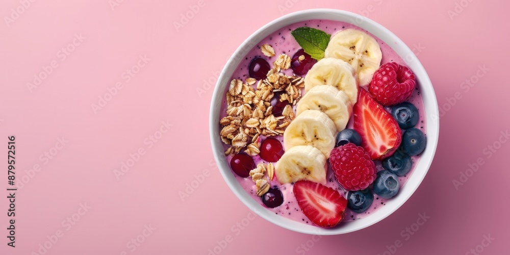 Vibrant Acai Smoothie Bowl with Granola and Fresh Fruits on White Background for Poster Design | Delicious Healthy Breakfast Bowl Photo