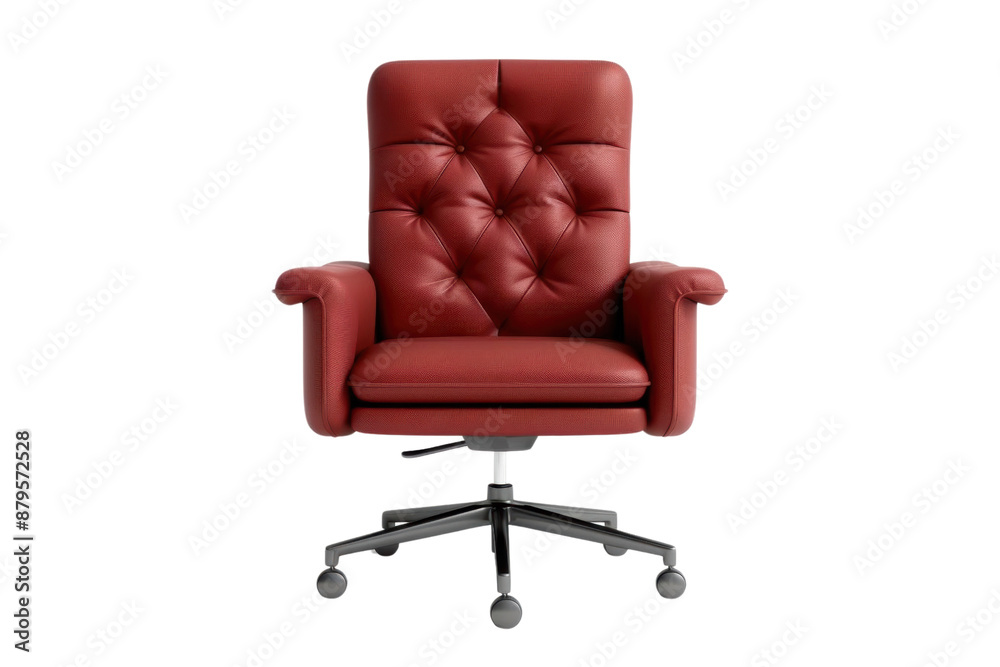 Elegant red leather office chair with tufted backrest and armrests on swivel base, perfect for a stylish and comfortable workspace.