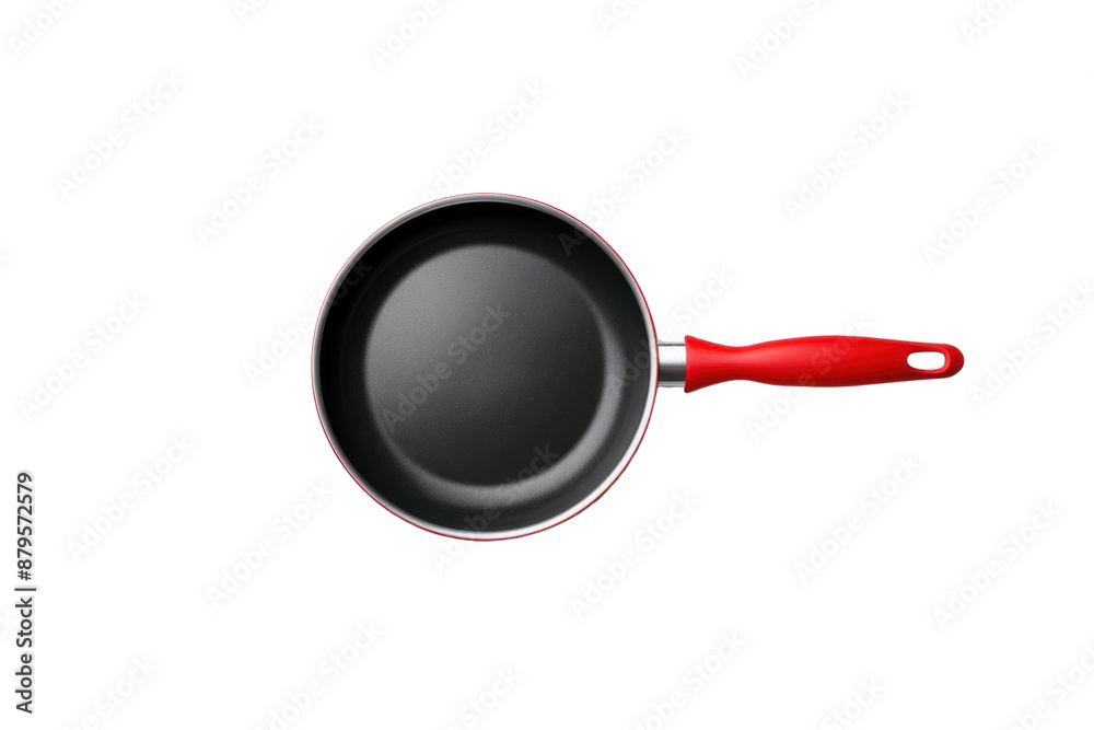 Black nonstick frying pan with red handle, top view isolated on white background. Ideal for cooking, kitchen, culinary, and cookware themes. Black nonstick frying pan with red handle, top view isolated on white background. Ideal for cooking, kitchen, culinary, and cookware themes.
