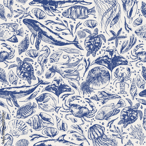 Vector sea animals seamless pattern. Sea life background in blue color with whale, dolphin, octopus, crab, seahorse