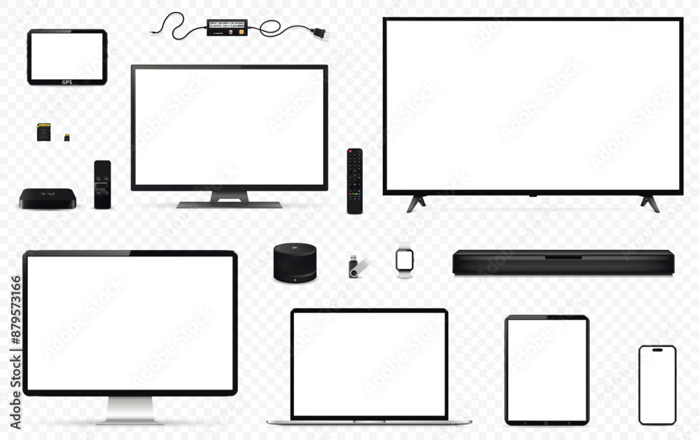 Set mockups of technology devices with empty display isolated on transparent background Set mockups of technology devices with empty display isolated on transparent background