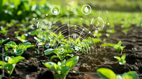 A green plant sprouting with digital icons of smart farming technologies overlayed, ideal for themes of agriculture, technology, and sustainability, highlighting innovation in farming.