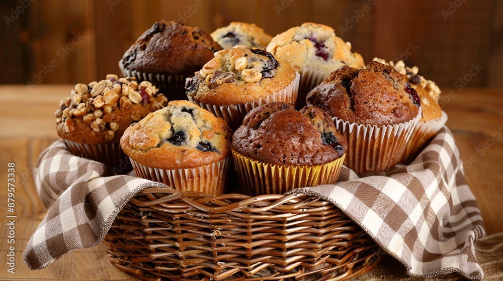 Gourmet Muffins: A variety of freshly baked muffins, including blueberry, chocolate chip, and banana nut, displayed in a wicker basket lined with a checkered cloth. Gourmet Muffins: A variety of freshly baked muffins, including blueberry, chocolate chip, and banana nut, displayed in a wicker basket lined with a checkered cloth.