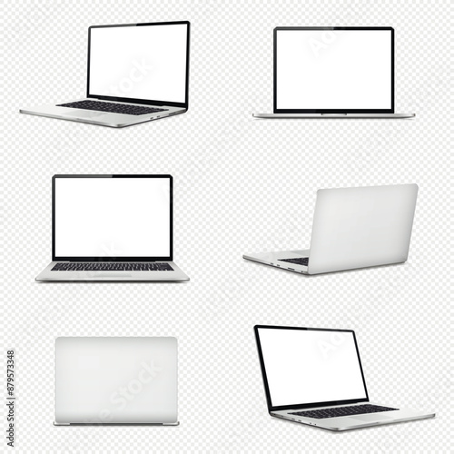 Realistic laptop mockup with blank screen isolated on transparent background. Laptop computer mockup different angles views.