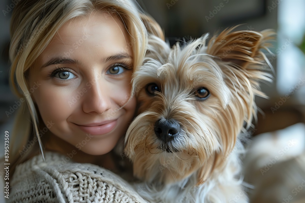 A close-up portrait of a smiling young woman with blonde hair hugging her small dog, capturing a moment of affection and companionship. Perfect for themes of pets, friendship, and home life A close-up portrait of a smiling young woman with blonde hair hugging her small dog, capturing a moment of affection and companionship. Perfect for themes of pets, friendship, and home life