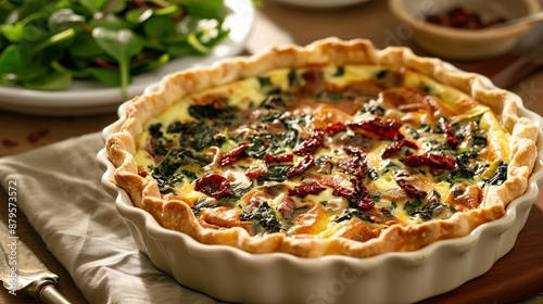 Savory Quiche: A savory quiche with a golden, flaky crust filled with spinach, cheese, and sun-dried tomatoes, served in a ceramic dish with a side of mixed greens.