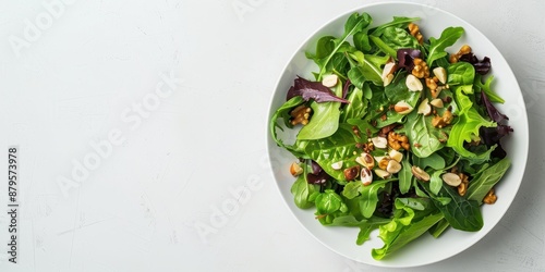 Fresh Mixed Greens Salad with Nuts and Vinaigrette Dressing on Minimal White Background for Healthy Eating Concept