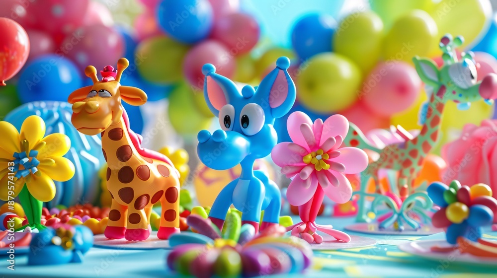 Fototapeta premium 3D Balloon Animal Creations: A detailed 3D illustration of various balloon animals, such as dogs, giraffes, and flowers, in bright colors, arranged on a table at a childrenâ€™s party with a cheerful