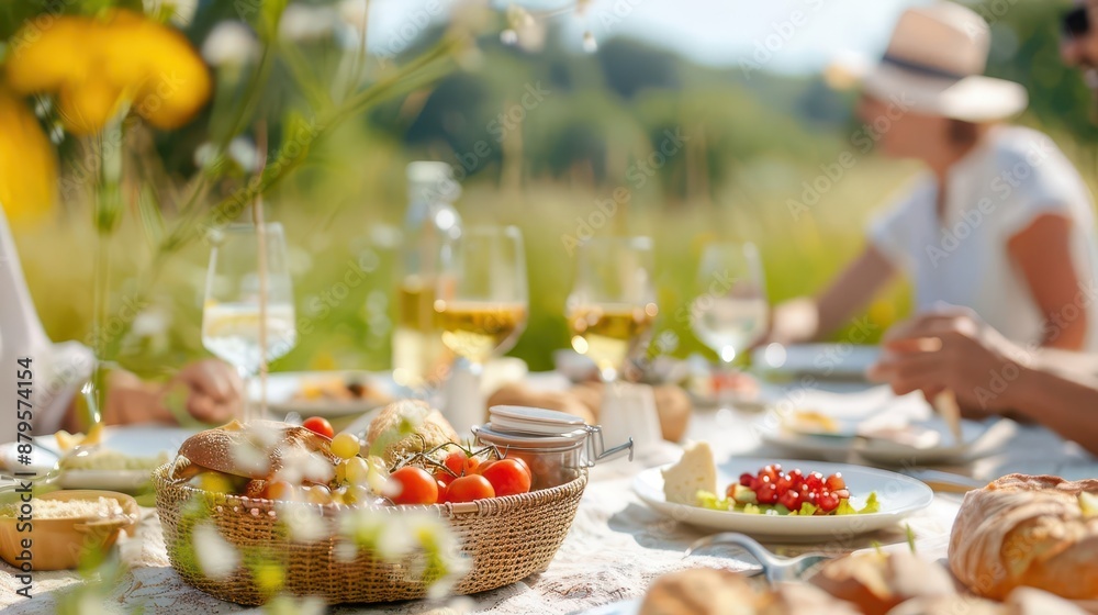 Close up of a picnic table with food and drinks, featuring tomatoes, bread, and a white tablecloth. Close up of a picnic table with food and drinks, featuring tomatoes, bread, and a white tablecloth.