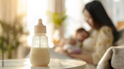 Obraz na płótnie A baby feeding bottle filled with milk sits on a table in a bright room. In the background, out of focus, a mother lovingly cradles her newborn in her arms while sitting on a sofa w salonie