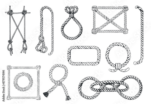 Rope Frame Border set. Oval rectangle square. Nautical rope knots. Lasso with loops. Sailor cables. Hand drawn style. Isolated vector clipart collection