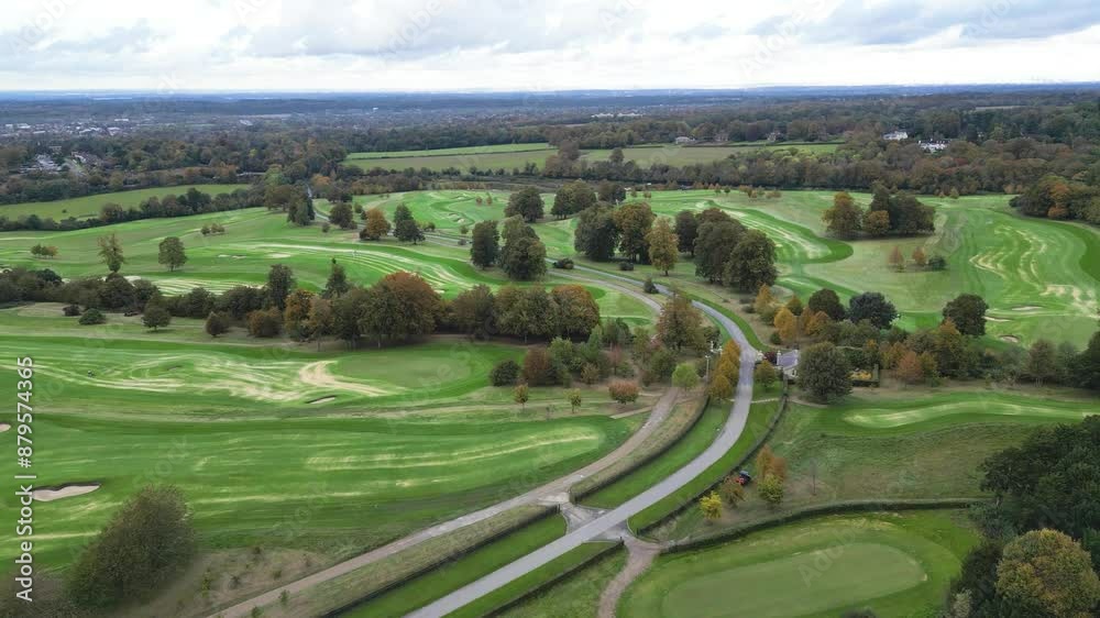 golf course country club luxury resort aerial forward movement road golf buggy carts golf course country club luxury resort aerial forward movement road golf buggy carts