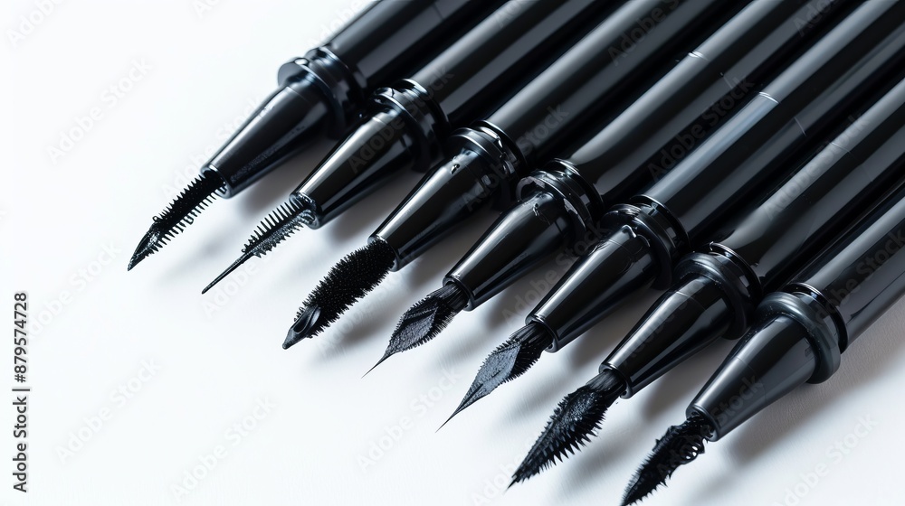 Naklejka premium A display of six black ink brush pens with diverse and unique tips, meticulously placed on a clean white backdrop, presenting an array of artistic possibilities and techniques.