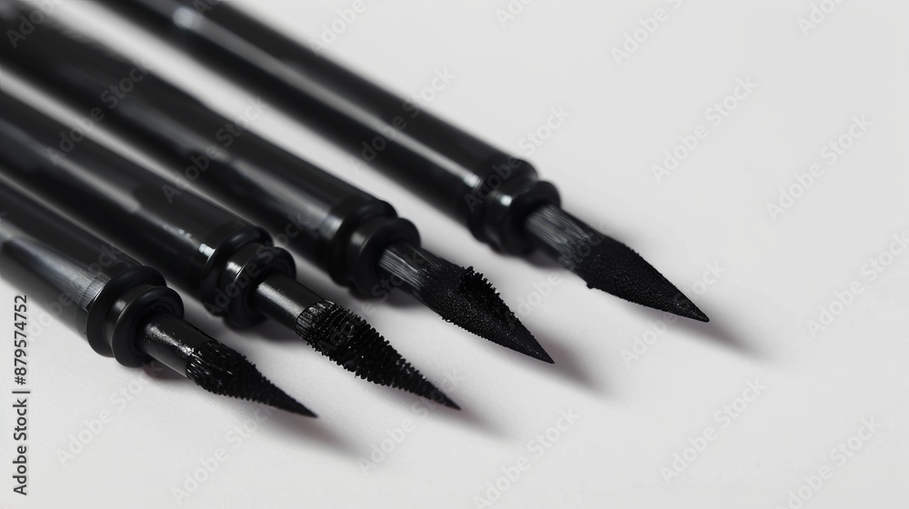 An arrangement of four black ink brush pens neatly placed on a white background, showcasing their varying brush tips designed for different artistic strokes and details. An arrangement of four black ink brush pens neatly placed on a white background, showcasing their varying brush tips designed for different artistic strokes and details.