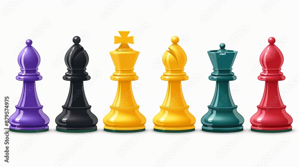 A set of six colorful chess pieces, including bishops, kings, and queens, are displayed neatly in a row on a pristine white background, showcasing vibrant colors. A set of six colorful chess pieces, including bishops, kings, and queens, are displayed neatly in a row on a pristine white background, showcasing vibrant colors.