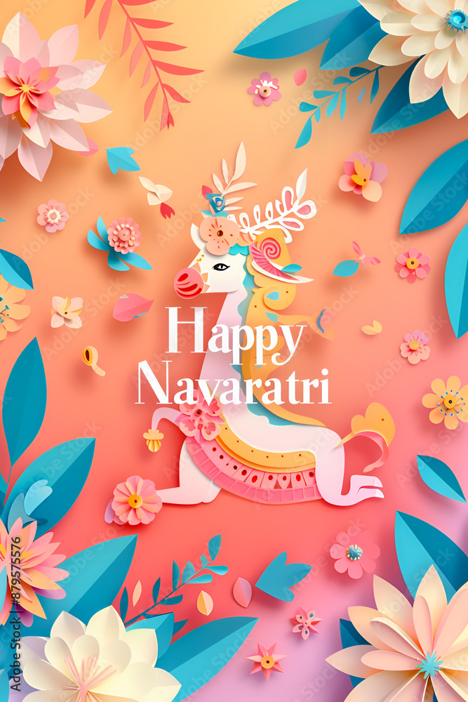 Text Happy Navaratri on pastel colorful background with flowers Text Happy Navaratri on pastel colorful background with flowers