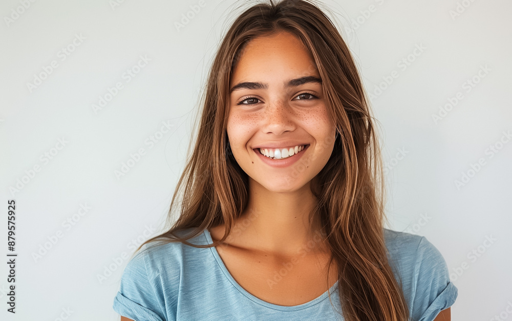 A beautiful young woman wearing a blue t-shirt smiling and showing clean white teeth. A beautiful young woman wearing a blue t-shirt smiling and showing clean white teeth.