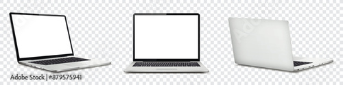 Laptop computer with white screen, front and rear view isolated on transparent background