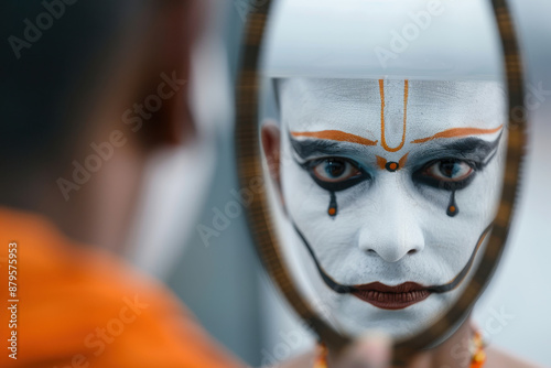 Ramlila actor applying elaborate makeup, with mirror reflection showing the transformation into a mythological character during the Dussehra festival. photo