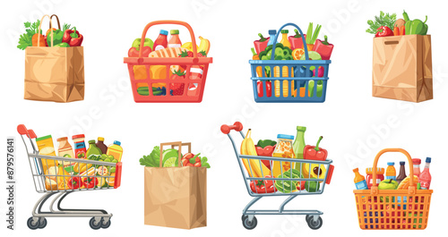 Shopping trolley with food set. Supermarket baskets with fresh organic vegetables fruits and grocery. Paper food bags. Isolated vector clipart collection