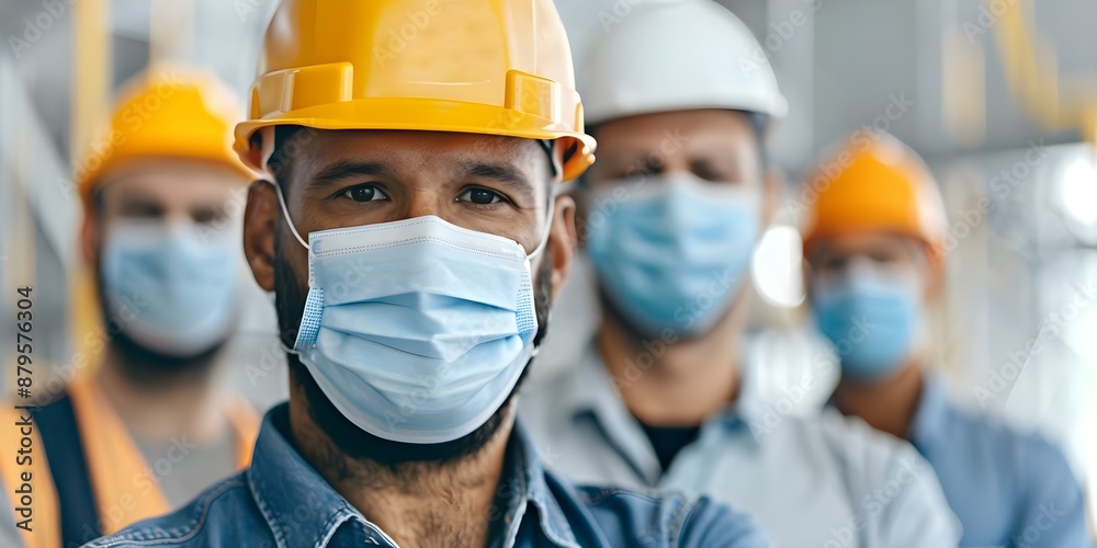 Confident male worker in hardhat with team in masks behind him. Concept Confident Worker, Team in Masks, Male Worker, Hardhat, Team Behind Confident male worker in hardhat with team in masks behind him. Concept Confident Worker, Team in Masks, Male Worker, Hardhat, Team Behind