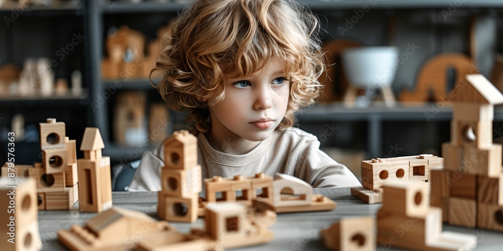 Child playing with wooden blocks in playroom, wide banner. Child playing with wooden blocks in playroom, wide banner.