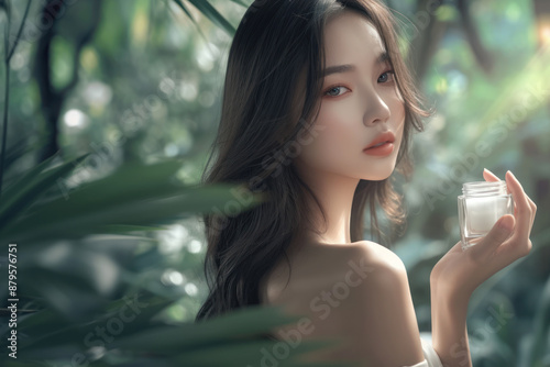 Asian girl with jar of moisturizer cream on a background of green leaves in forest. Organic, natural cosmetics concept.