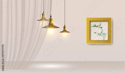 Room interior with transparent curtains