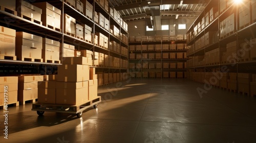 A hand trolley with boxes in a warehouse setting  surrounded by neatly stacked pallets  realistic style  warm tones  high resolution