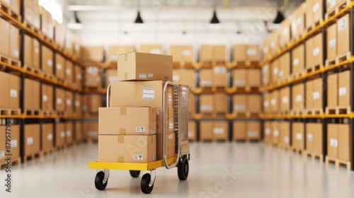 A hand truck loaded with cardboard boxes in front of neatly stacked pallets, realistic, high resolution, clean and organized photo