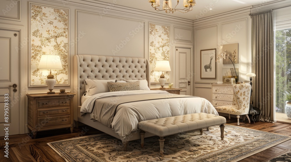 Fototapeta premium Stylish modern bedroom designed in French country style, showcasing antique furnishings, floral patterns, and a serene, inviting ambiance