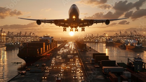 An airplane taking off above a bustling port filled with cargo ships and trucks, detailed realism, dramatic lighting, cinematic shot