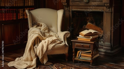 A vintage-inspired reading nook with a classic wingback chair, a woolen blanket, and a pile of books on an antique wood side table. The glow of a nearby fireplace adds warmth to the setting.