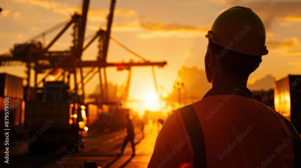 Silhouette of a worker at a container port during sunset. Silhouette of a worker at a container port during sunset.