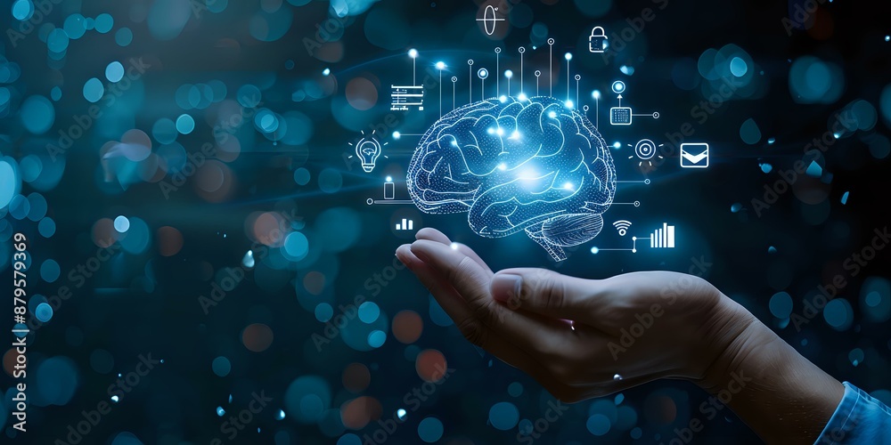 Digital illustration of a brain with data connections held in a hand, perfect for themes of artificial intelligence, neuroscience, and technology. Digital illustration of a brain with data connections held in a hand, perfect for themes of artificial intelligence, neuroscience, and technology.