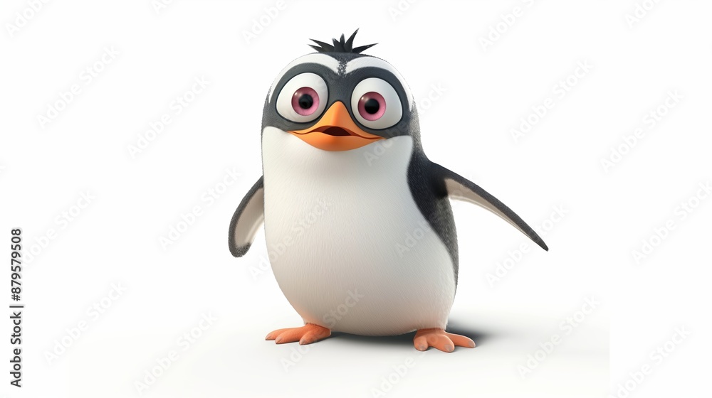 Fototapeta premium Cartoon style penguin with pink eyes standing on a white background