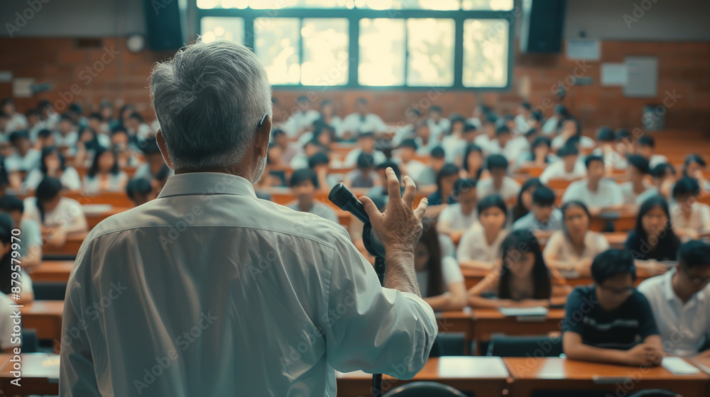 Fototapeta premium Back view of mature professor giving lecture to large group of college students in the classroom in Asia