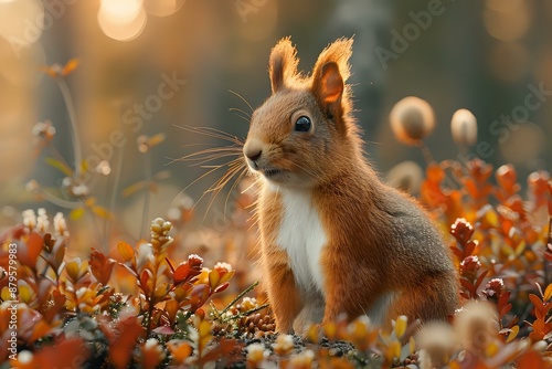 Adorable red squirrel in an autumnal forest setting, surrounded by vibrant foliage, perfect for themes of nature, wildlife, and seasonal beauty. photo