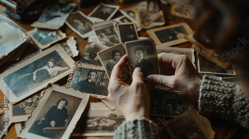 Female hands delicately finger through a stack of old 1950s photographs spread across a table. This scene evokes a deep sense of nostalgia, reflecting themes of genealogy