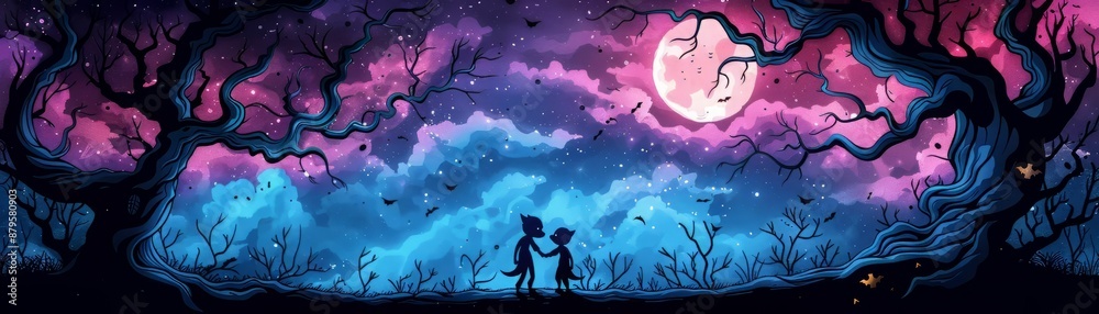 Naklejka premium Silhouettes of Two Figures Under a Night Sky with a Full Moon.