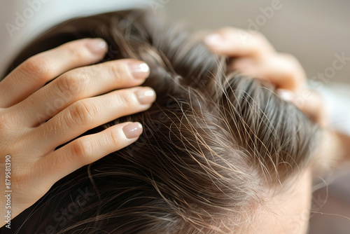 In a close-up shot, a person gently touches their thinning hairline, highlighting concerns about hair loss or a receding hairline