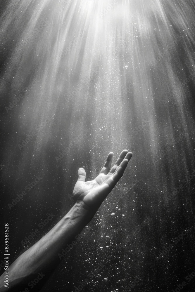 Obraz premium Underwater Serenity - Hand Reaching Towards Sunlight in Monochrome