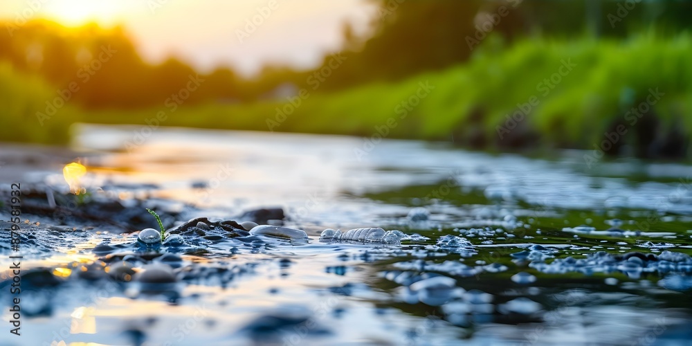 Fototapeta premium River pollution from plastic waste and industrial runoff harming ecosystems and wildlife. Concept Water Pollution, Plastic Waste, Industrial Runoff, Ecosystem Health, Wildlife Impact