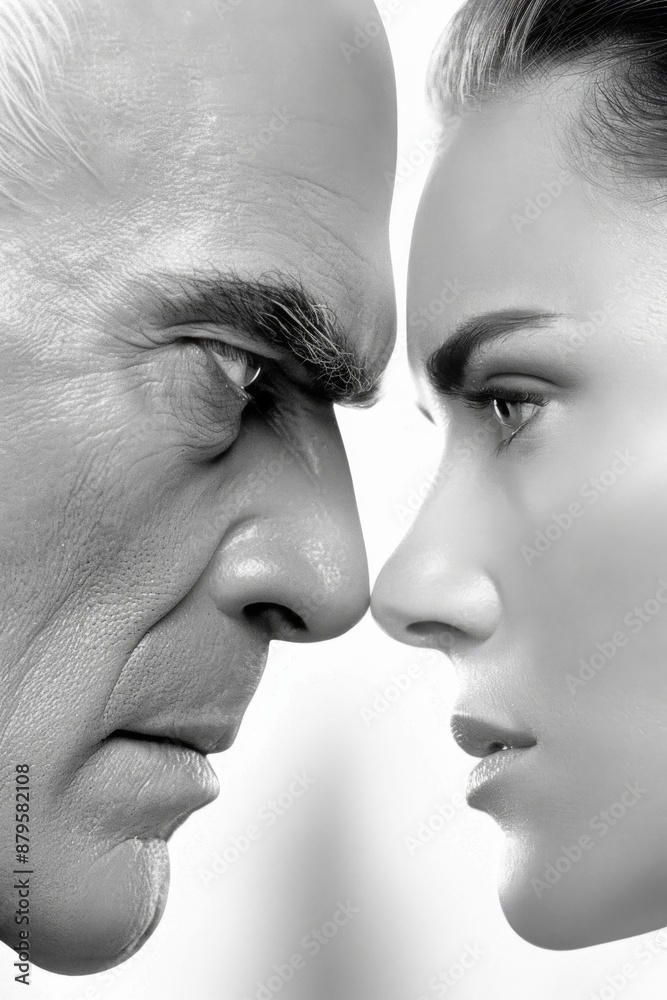 Intense Stare Down Between Senior Man and Young Woman in High Contrast Monochrome Intense Stare Down Between Senior Man and Young Woman in High Contrast Monochrome