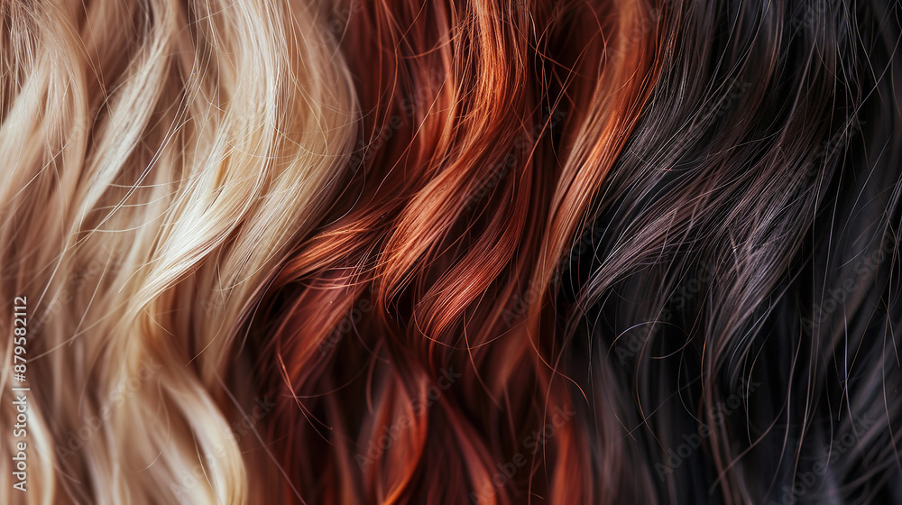 In a close-up shot, three strands of wavy hair display distinct colors--perhaps blonde, brunette, and red. This image captures the diverse beauty and texture of hair, showcasing its natural waves and In a close-up shot, three strands of wavy hair display distinct colors--perhaps blonde, brunette, and red. This image captures the diverse beauty and texture of hair, showcasing its natural waves and