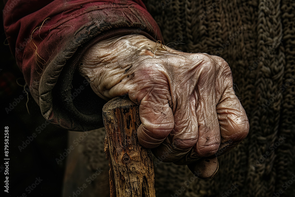 In a close-up, the weathered hand of an elderly person grips a wooden walking stick. The wrinkled skin and gnarled fingers bear witness to a life rich with experiences In a close-up, the weathered hand of an elderly person grips a wooden walking stick. The wrinkled skin and gnarled fingers bear witness to a life rich with experiences