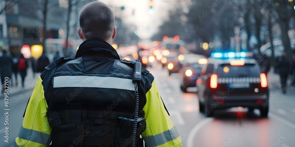 Fototapeta premium A police officer in uniform guiding traffic flow on a busy road. Concept Law Enforcement, Traffic Control, Public Safety, Police Officer, Urban Environment
